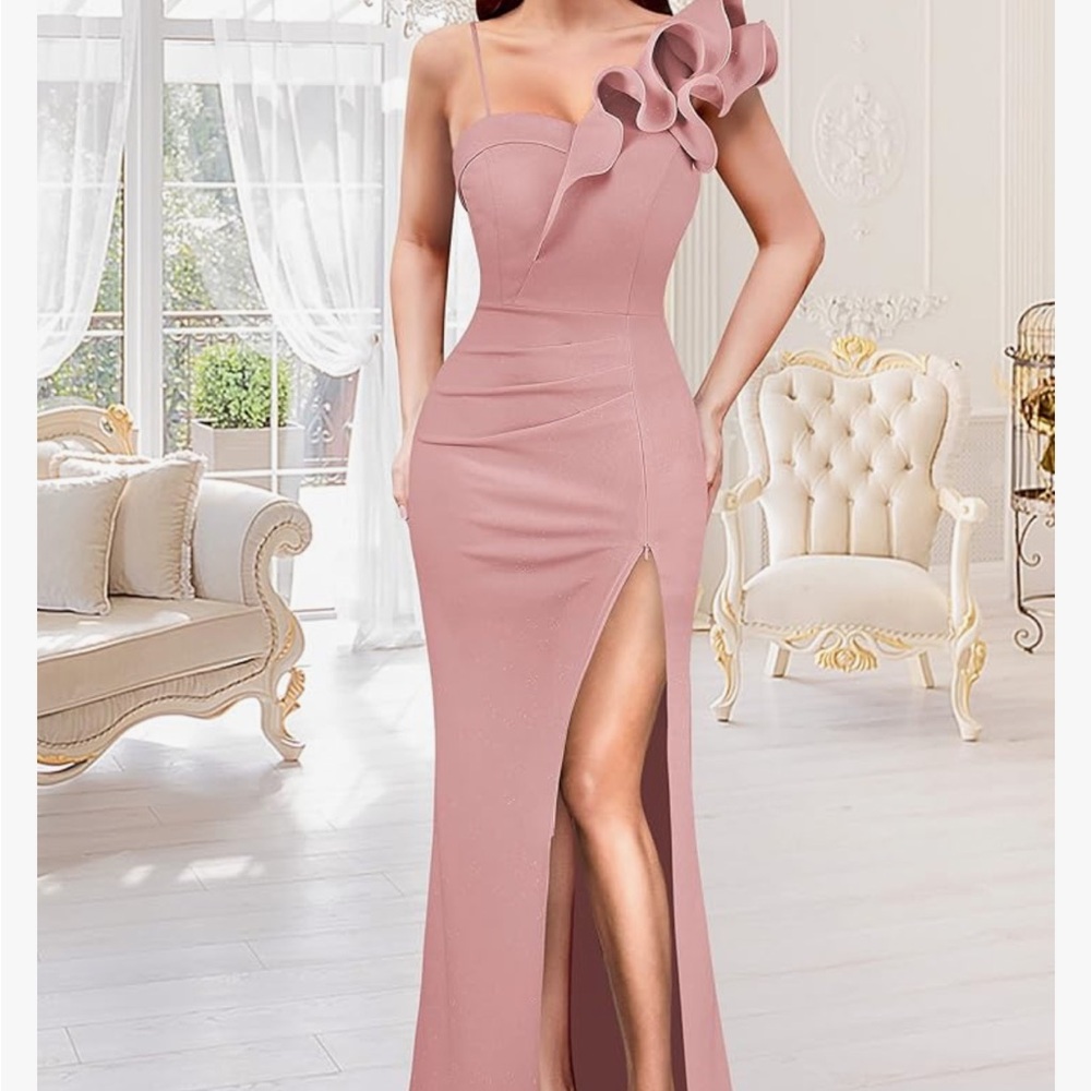 NEW Ruffle One Shoulder Strap Ruched Formal Dress Elegant Split Cocktail Evening